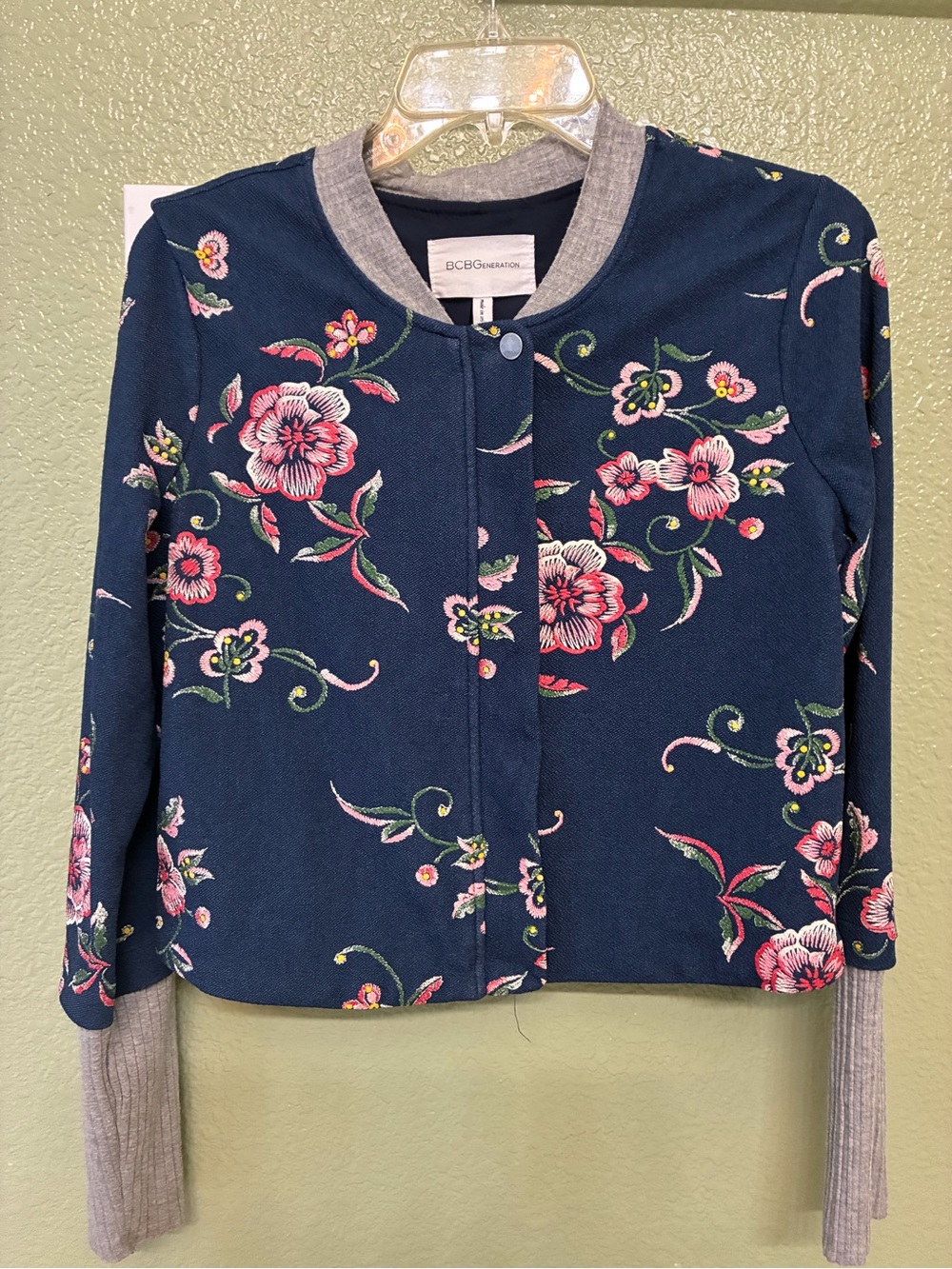 BCBGeneration Navy Floral Jacket with Pink and Cream Embroidery